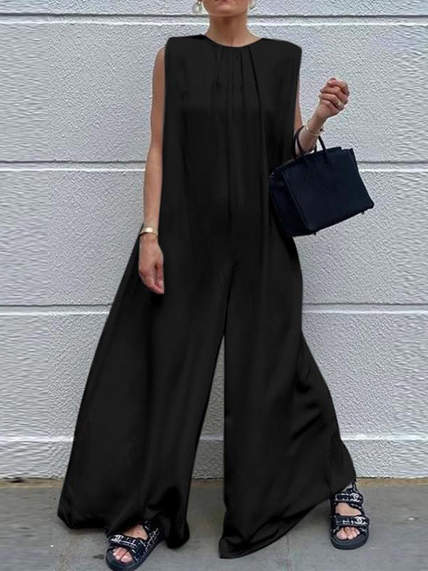 Solid Color Loose Sleeveless Round-Neck Wide Leg Jumpsuits