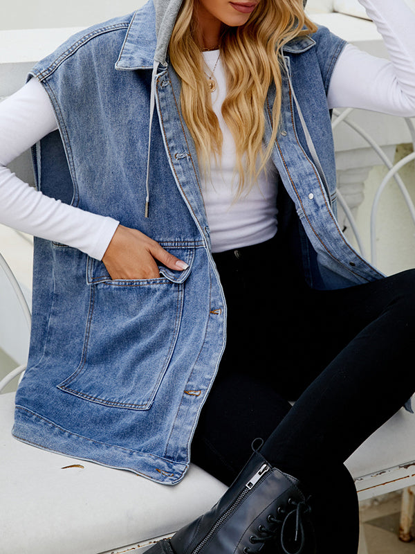 Buttoned Detachable Hooded Pockets Split-Joint Loose Sleeveless Lapel Collar Vest Outerwear