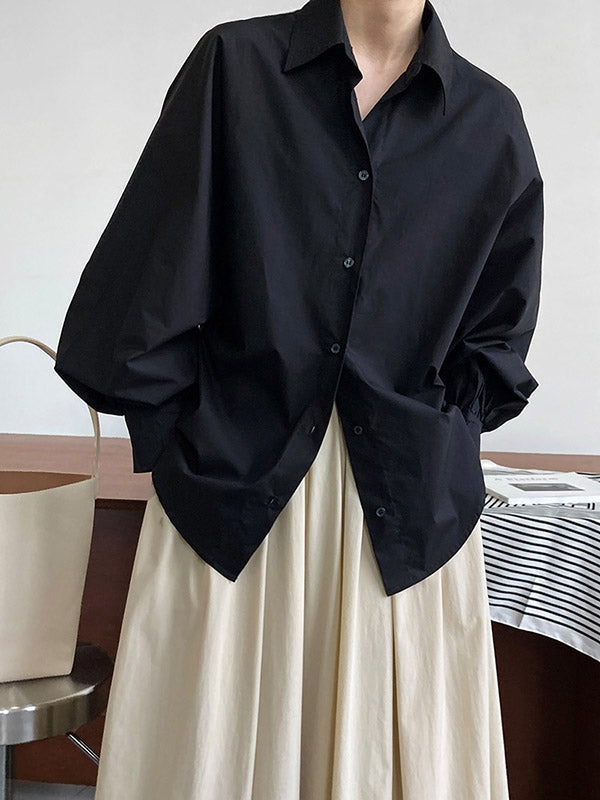 Buttoned Pleated Solid Color Long Sleeves Loose Lapel Blouses&Shirts Tops