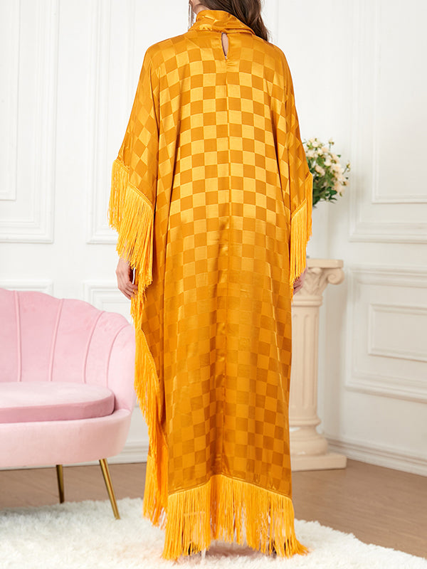 Plaid Ribbon Tasseled A-Line Batwing Sleeves Maxi Dresses