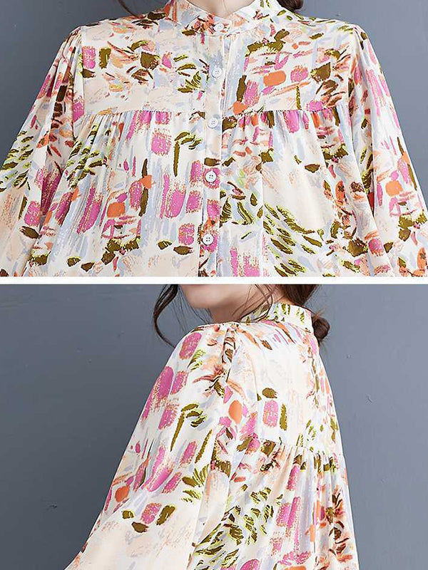 Pleated Printed Split-Joint Long Sleeves Loose Stand Collar Shirt Dress Midi Dresses