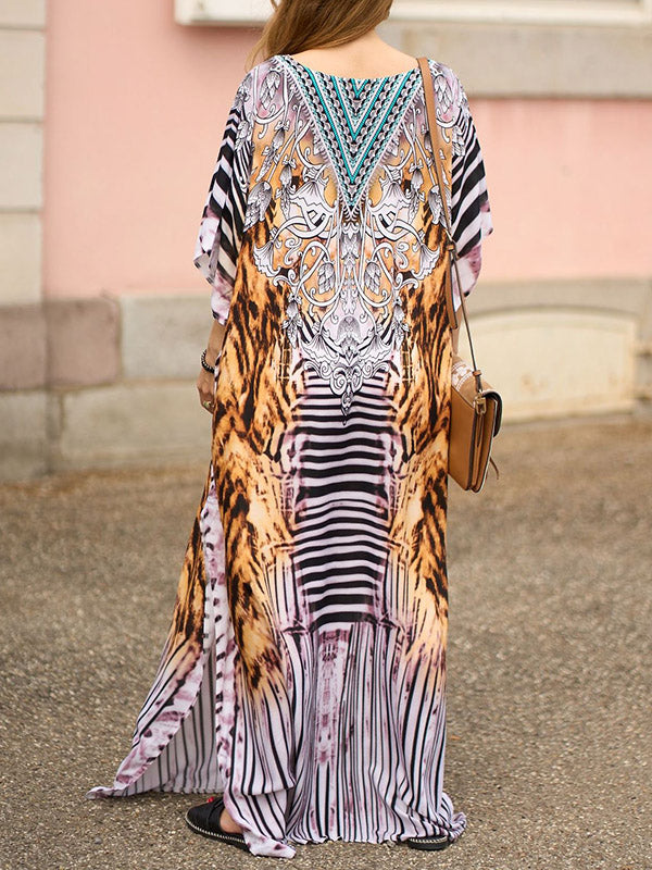 Printed Split-side Tiger Skin Pattern Batwing Sleeves Loose V-neck Maxi Dresses Beach Cover-Up