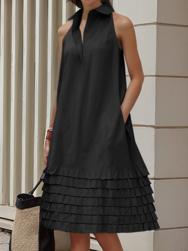 Pleated Pockets Split-Joint A-Line Loose Lapel Midi Dresses