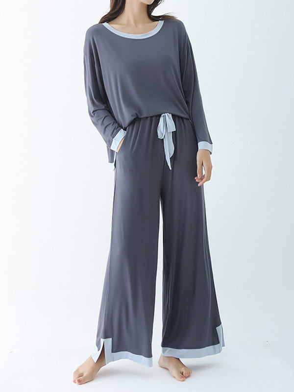 Contrast Color Long Sleeves Loose Round-neck Two Pieces Pajama Set