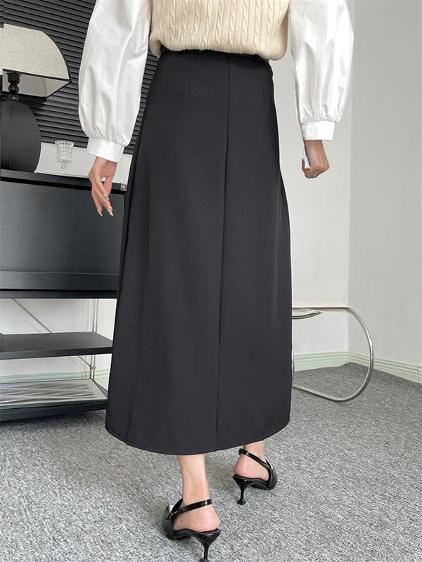 Pleated Solid Color Split-Joint A-Line High Waisted Skirts
