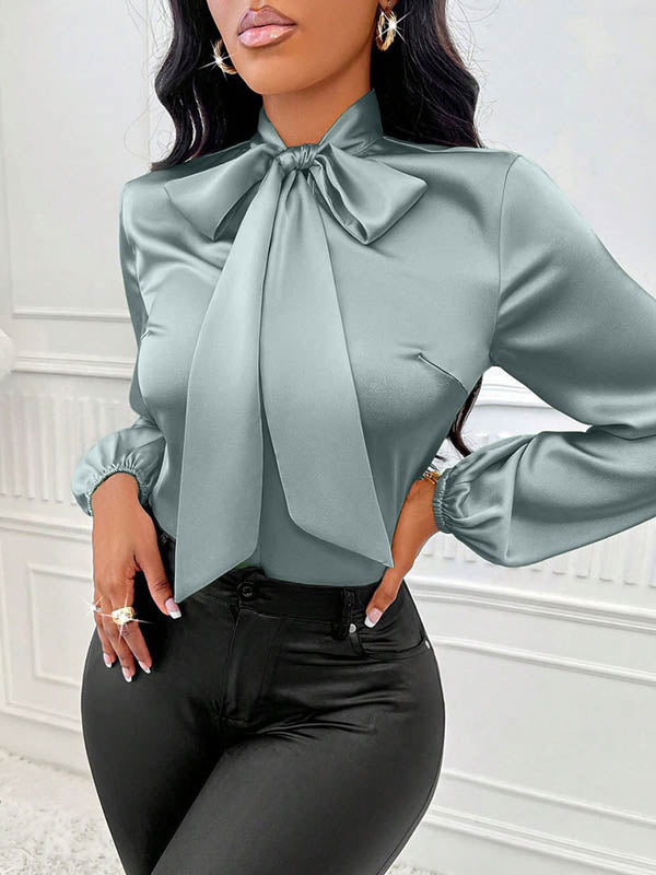 Bow-Embellished Pleated Solid Color Split-Joint Long Sleeves Loose Scarf Collar Blouses&Shirts Tops