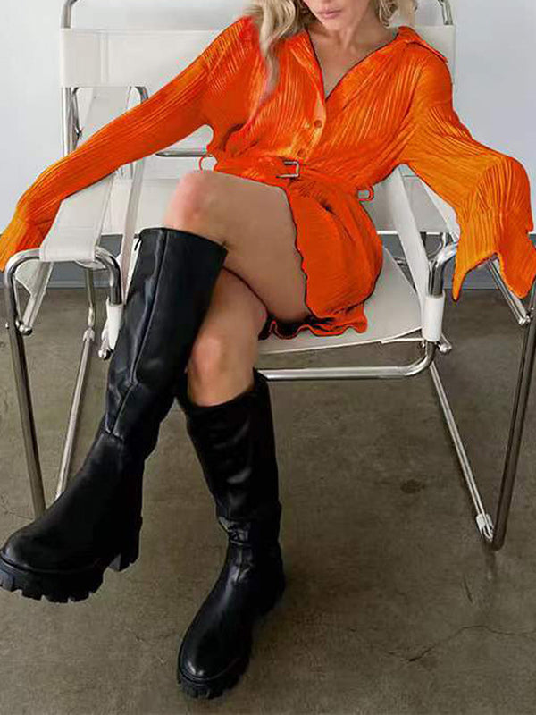 Buttoned Pleated Solid Color Tied Waist Long Sleeves Lapel Shirt Dress Mini Dresses