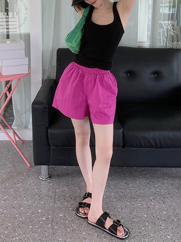 Elasticity Split-Joint Striped High Waisted Loose Shorts Bottoms