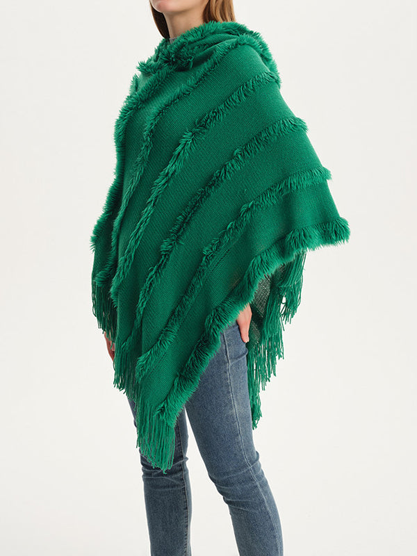 Hooded Keep Warm Solid Color Tasseled Shawl&Cloak Cape