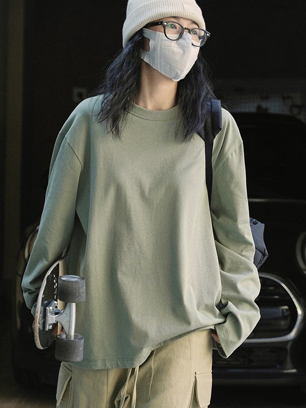 Casual Long Sleeves Loose Solid Color Round-Neck T-Shirts Tops