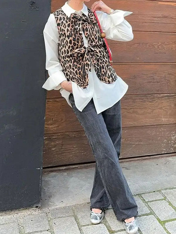 Lace-Up Leopard Split-Joint Loose Sleeveless V-neck Vest Outerwear