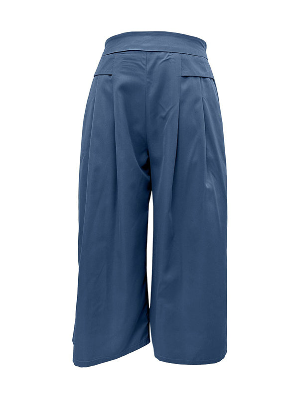 Pleated Pockets Solid Color Split-Joint Flared Pants High Waisted Trousers Ninth Pants