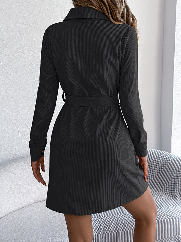 Belted Buttoned Single-Breasted Solid Color Elasticated Waist Long Sleeves Lapel Collar Shirt Dress Mini Dresses
