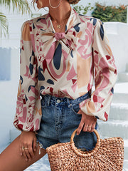 Elasticity Printed Tied Bishop Sleeve Long Sleeves V-Neck Blouses&Shirts Tops