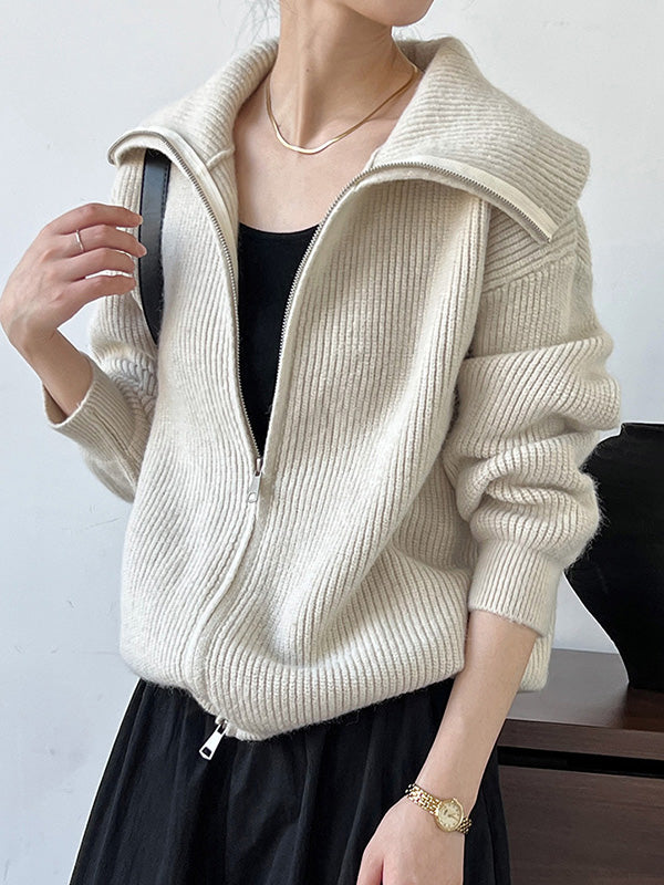Solid Color Zipper Long Sleeves Loose Lapel Cardigan Tops