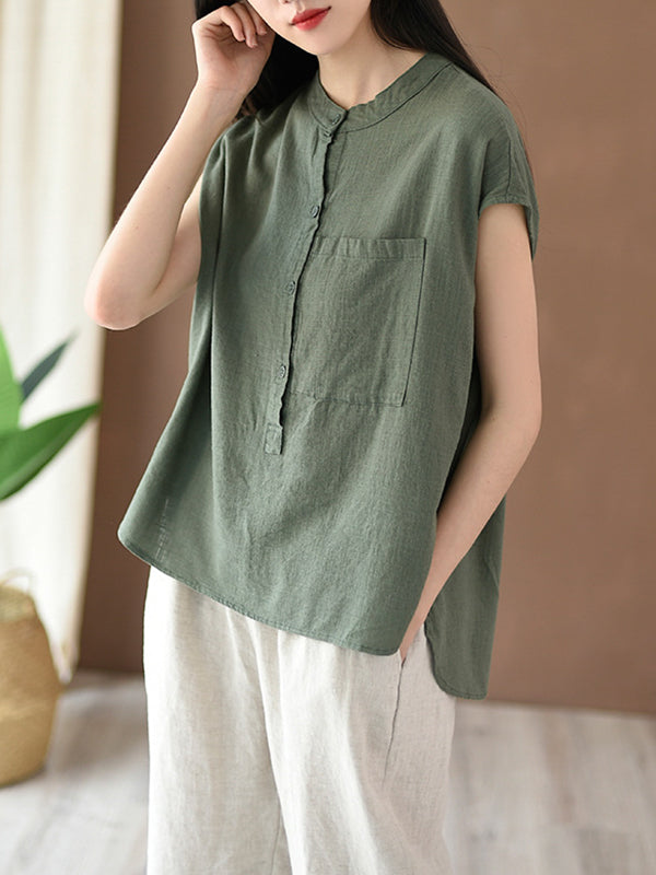 Solid Color Cap Sleeve High-Low Stand Collar Blouses&Shirts Tops
