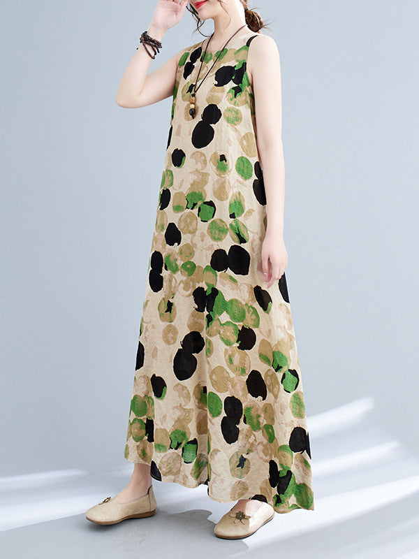 Printed Split-Joint Loose Sleeveless Round-neck Maxi Dresses