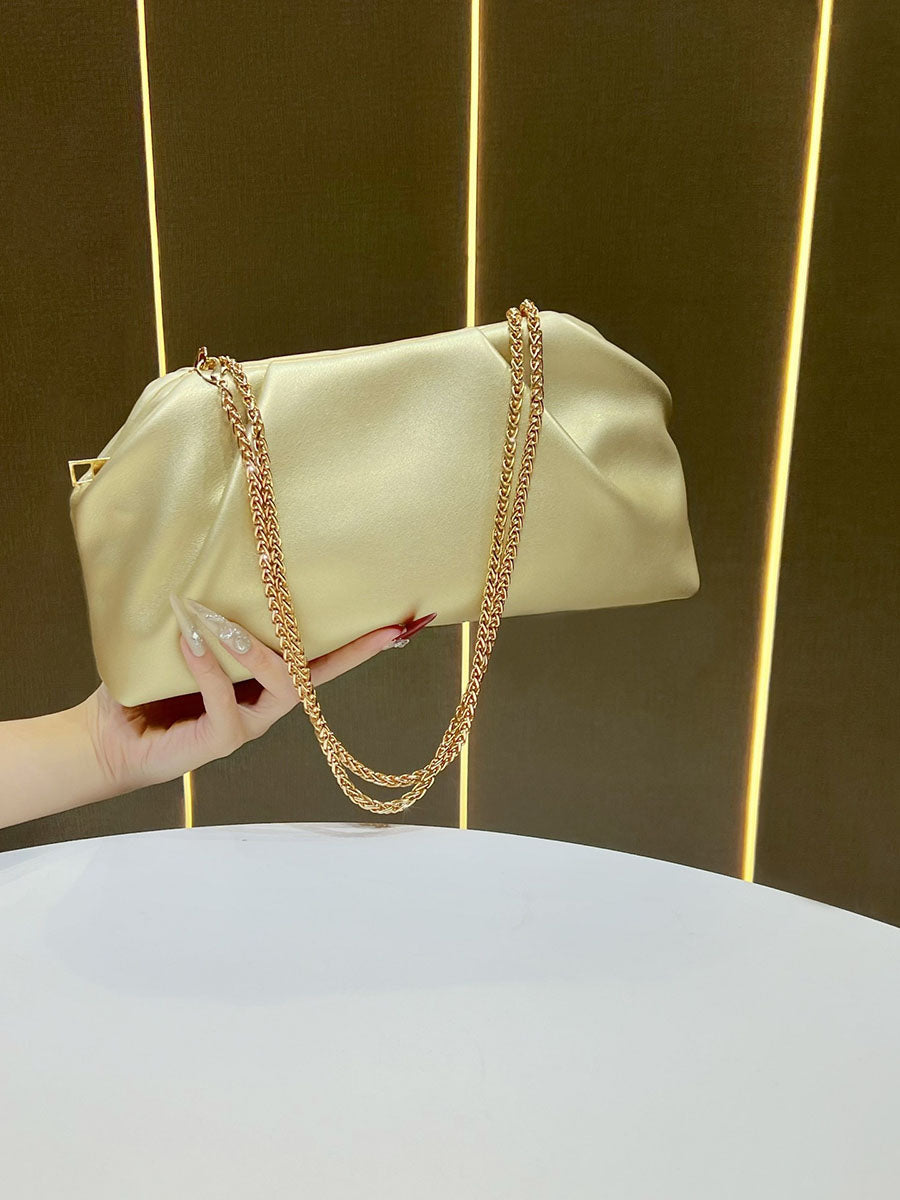 Chains Pleated Solid Color Zipper Shoulder Bags Evening Bags & Clutches
