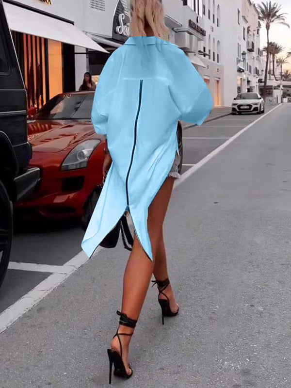 Buttoned Solid Color Zipper High-low Long Sleeves Lapel Blouses&shirts Tops