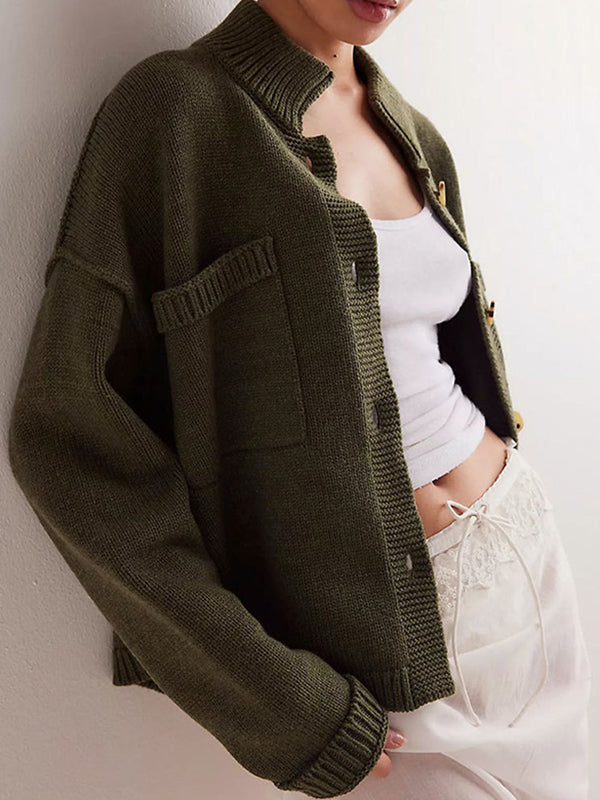 Buttoned Pockets Solid Color Split-Joint Long Sleeves Loose Stand Collar Cardigan Tops