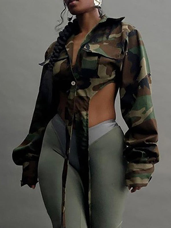 Buttoned Camouflage Pockets Tied Long Sleeves Loose Lapel Outerwear