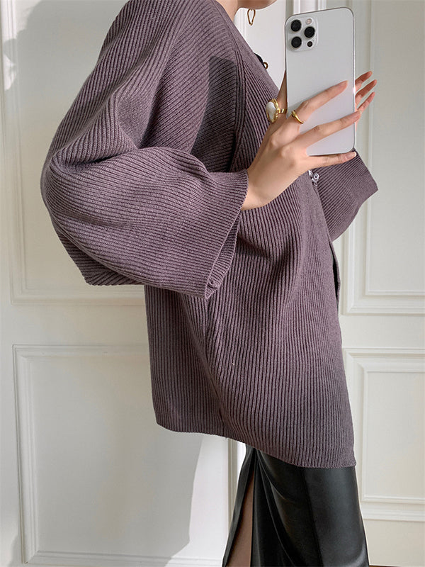 Long Sleeves Loose Solid Color Knitted Cardigan Tops