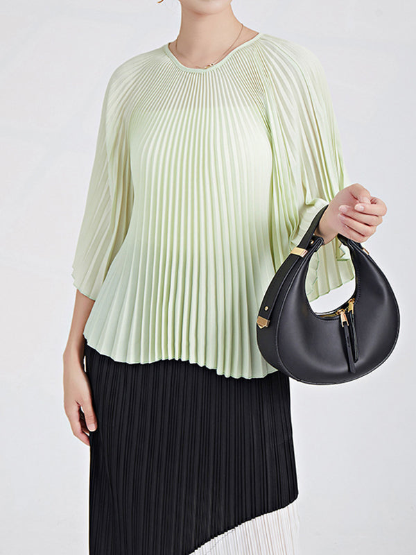 Pleated Solid Color Batwing Sleeves Loose Round-Neck T-Shirts Tops