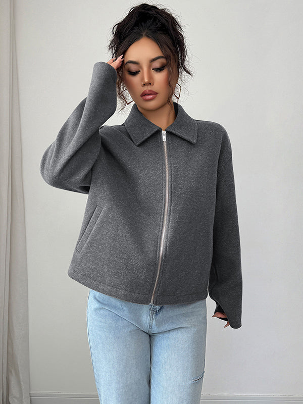 Solid Color Zipper Long Sleeves Loose Lapel Outerwear