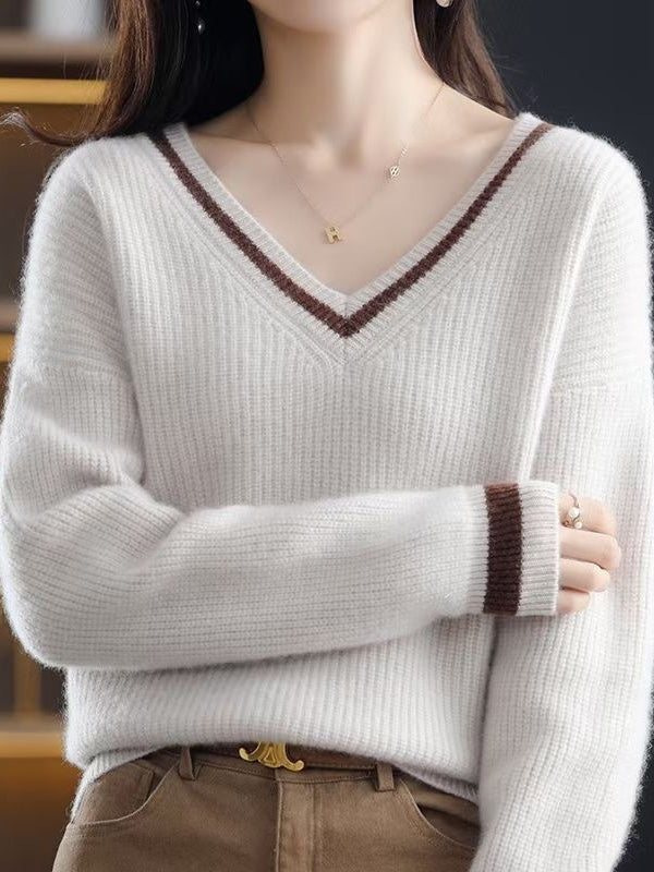 Urban Loose Long Sleeves Contrast Color V-Neck Sweater Tops