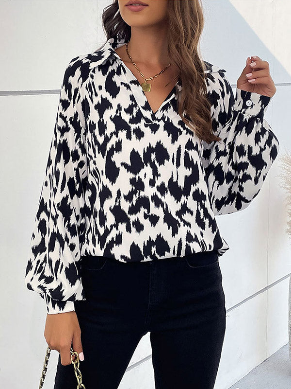Buttoned Leopard Long Sleeves Loose Lapel Blouses&Shirts Tops