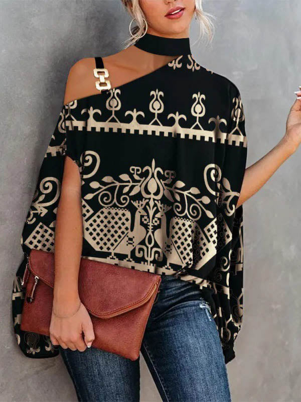 Asymmetric Chains Hollow Printed Batwing Sleeves Loose Asymmetric Collar T-Shirts Tops