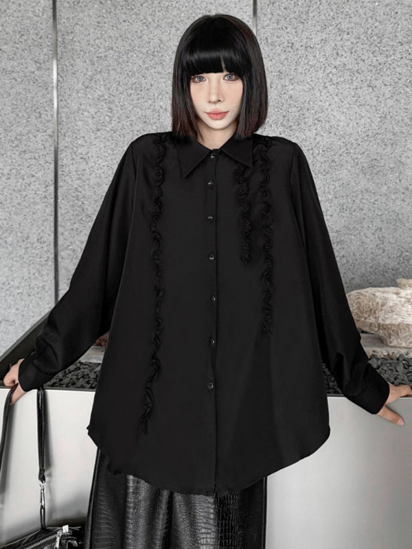 Buttoned Falbala Ruffled Solid Color Split-Joint Hipster Long Sleeves Lapel Blouses&shirts Tops