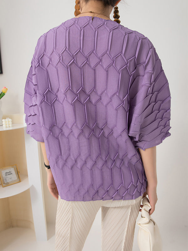 Original Loose Half Sleeves Pleated Solid Color Round-Neck T-Shirts Tops