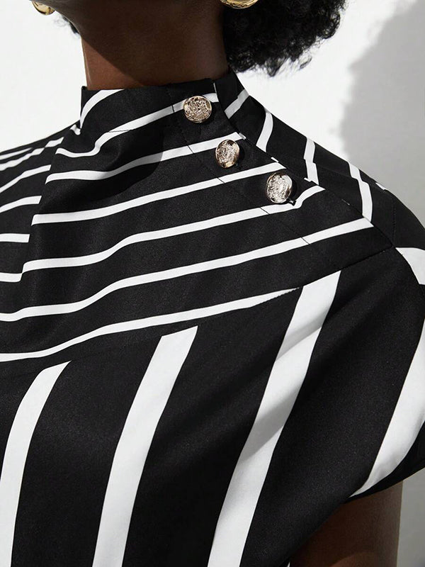 Asymmetric Split-Joint Striped Batwing Sleeves Loose High Neck T-Shirts Tops