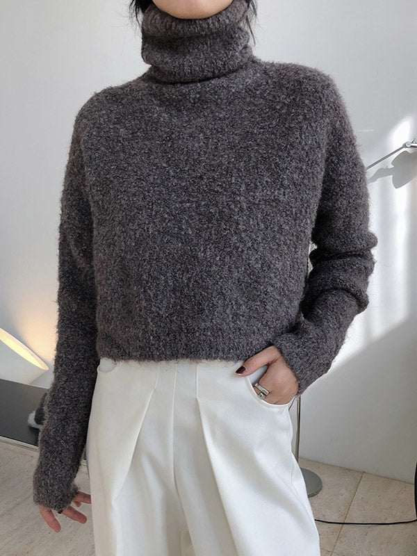 Stylish Solid High-Neck Wool-Blend Sweater