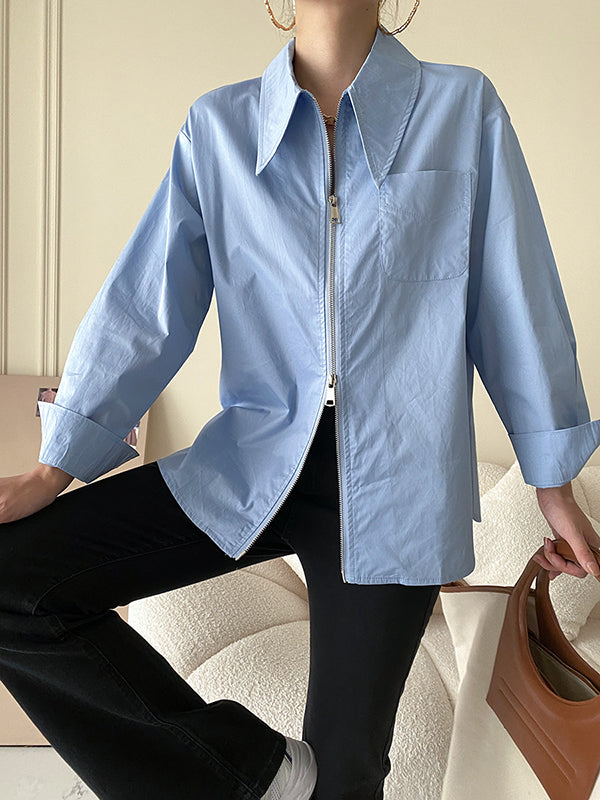 Long Sleeves Solid Color Zipper Lapel Collar Blouses