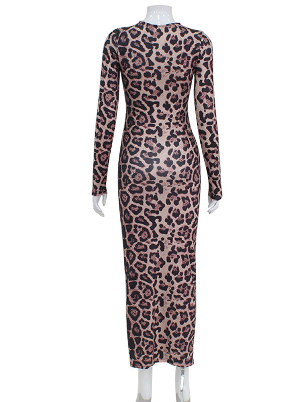 Leopard Printed Bodycon Long Sleeves Round-Neck Maxi Dresses