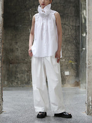 Pleated Solid Color Sleeveless Statement Collar Blouses&shirts Tops
