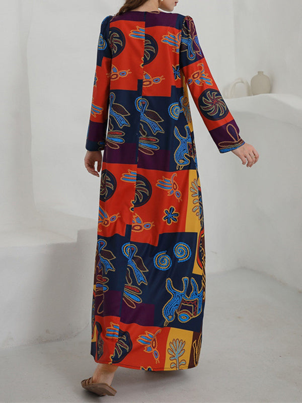 Color-Block Printed Long Sleeves Loose V-Neck Maxi Dresses