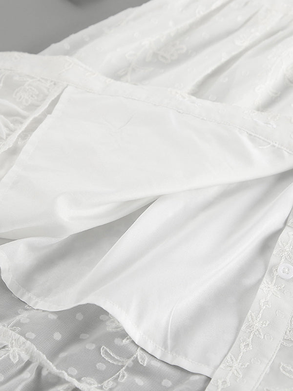 Jacquard Pleated Ruffled See-Through Solid Color Split-Joint Tied Waist Loose Puff Sleeves Stand Collar Mini Dresses