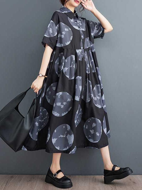 Polka-Dot Loose Short Sleeves Lapel Collar Midi Dresses