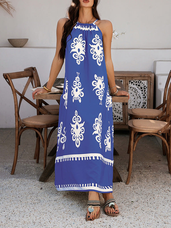 Contrast Color A-line Loose Halter-Neck Maxi Dresses