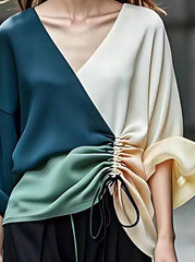 Color-Block Contrast Color Drawstring Elasticity Long Sleeves Loose V-Neck Blouses&Shirts Tops