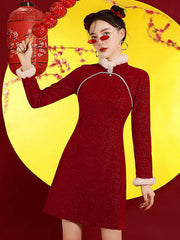 Original Creation A-Line Long Sleeves Beaded Split-Joint Stand Collar Short Cheongsams