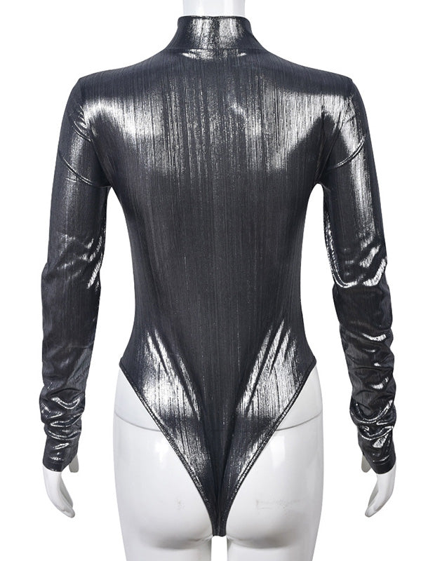 Bronzing Solid Color Long Sleeves Skinny Mock Neck Bodysuits