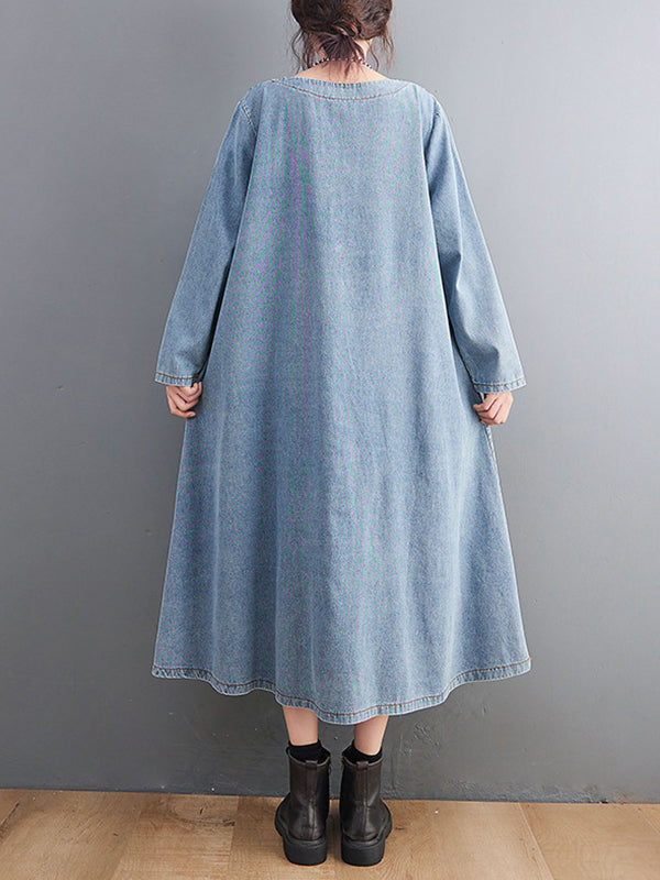 Artistic Retro Loose Denim Applique Round-Neck Long Sleeves Midi Dress