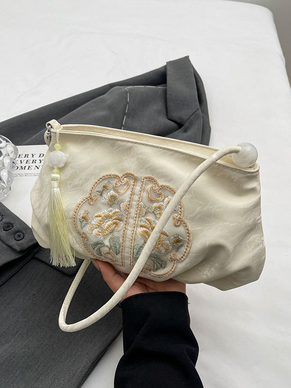 Embroidered Pleated Tasseled Zipper Crossbody Bags
