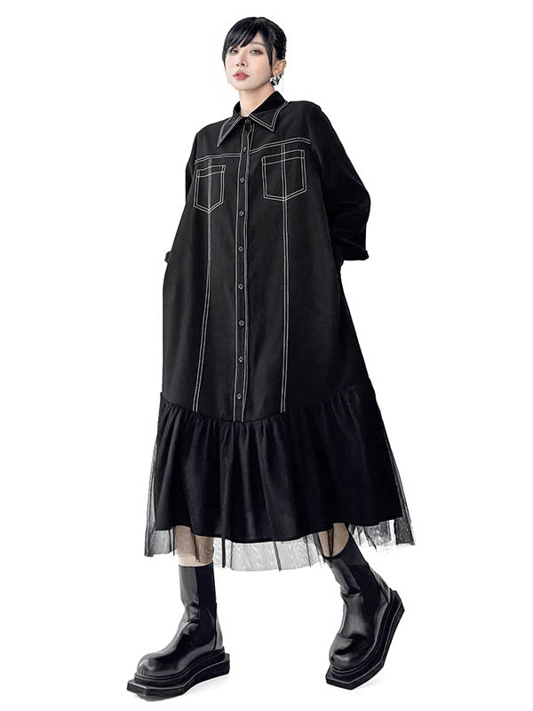 Asymmetric Buttoned Line Solid Color Split-Joint Irregularity Long Sleeves Lapel Shirt Dress Midi Dresses
