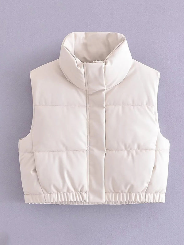 Drawstring Elasticity Solid Color Split-Joint Zipper Skinny Sleeveless Stand Collar Padded Vest