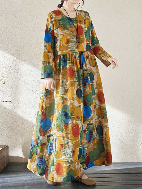 Pleated Polka-Dot Split-Joint A-Line Long Sleeves Round-Neck Maxi Dresses